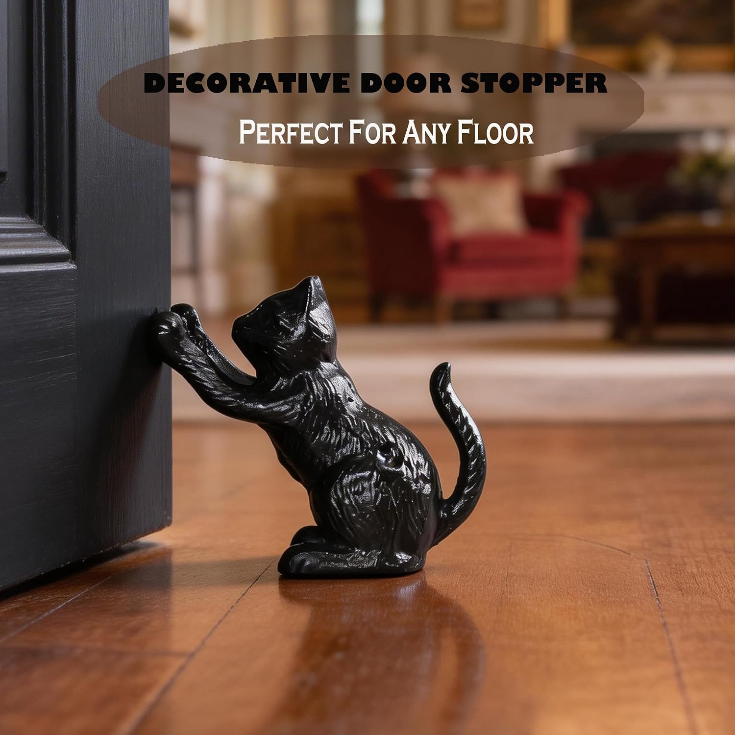 Cast Iron Door Stoppers, Decorative Door Stop Cute Cat Shape Statue Doorstop, Fun Kitten Door Stops for Bottom of Door, Heavy Duty Door Wedge or Bookends for Home & Office Decor, 2pcs Black
