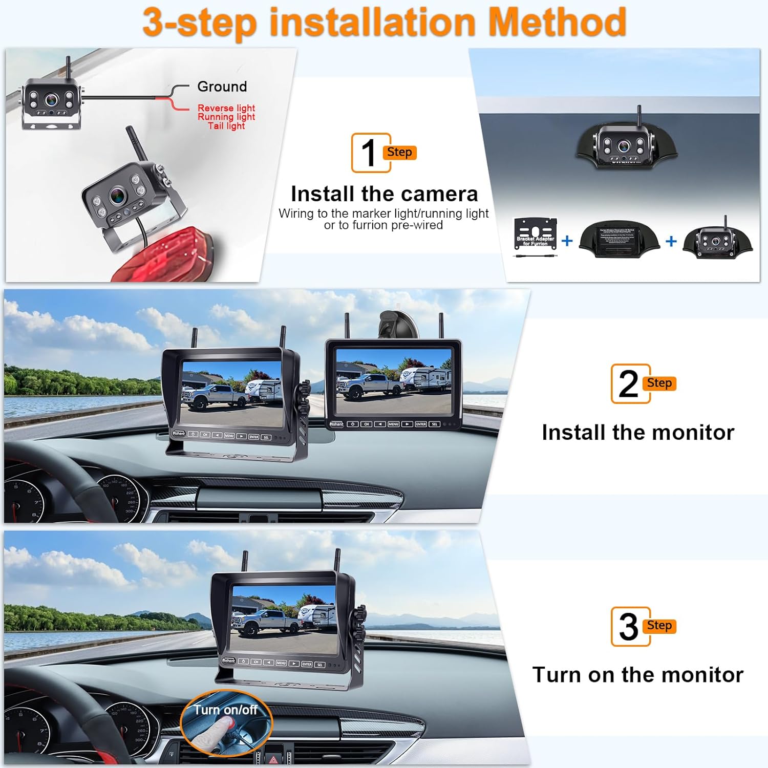 Rohent RV Backup Camera Wireless HD 1080P 7'' Touch Key DVR Monitor Rear View Camera System Infrared Night Vision Waterproof for Truck Trailer Camper 4 Channels Adapter for Furrion Pre-Wired RVs R9