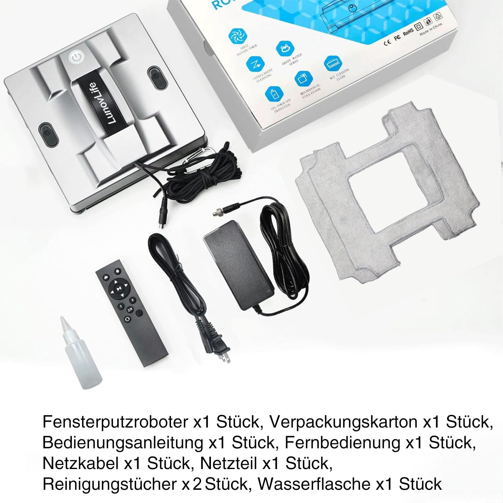Fensterputzroboter 5600Pa mit 6-Düsen Sprühsystem, Fenstersauger für rahmenlose Fenster, App & Fernbedienung, Automatischer Fensterreiniger, 22.5x22.5x6.5cm