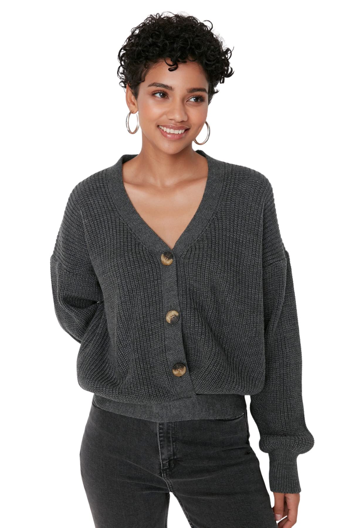 Trendyol Damen Grau Strickjacke, Normale Passform, V-Ausschnitt, Strickwaren Pullover, S