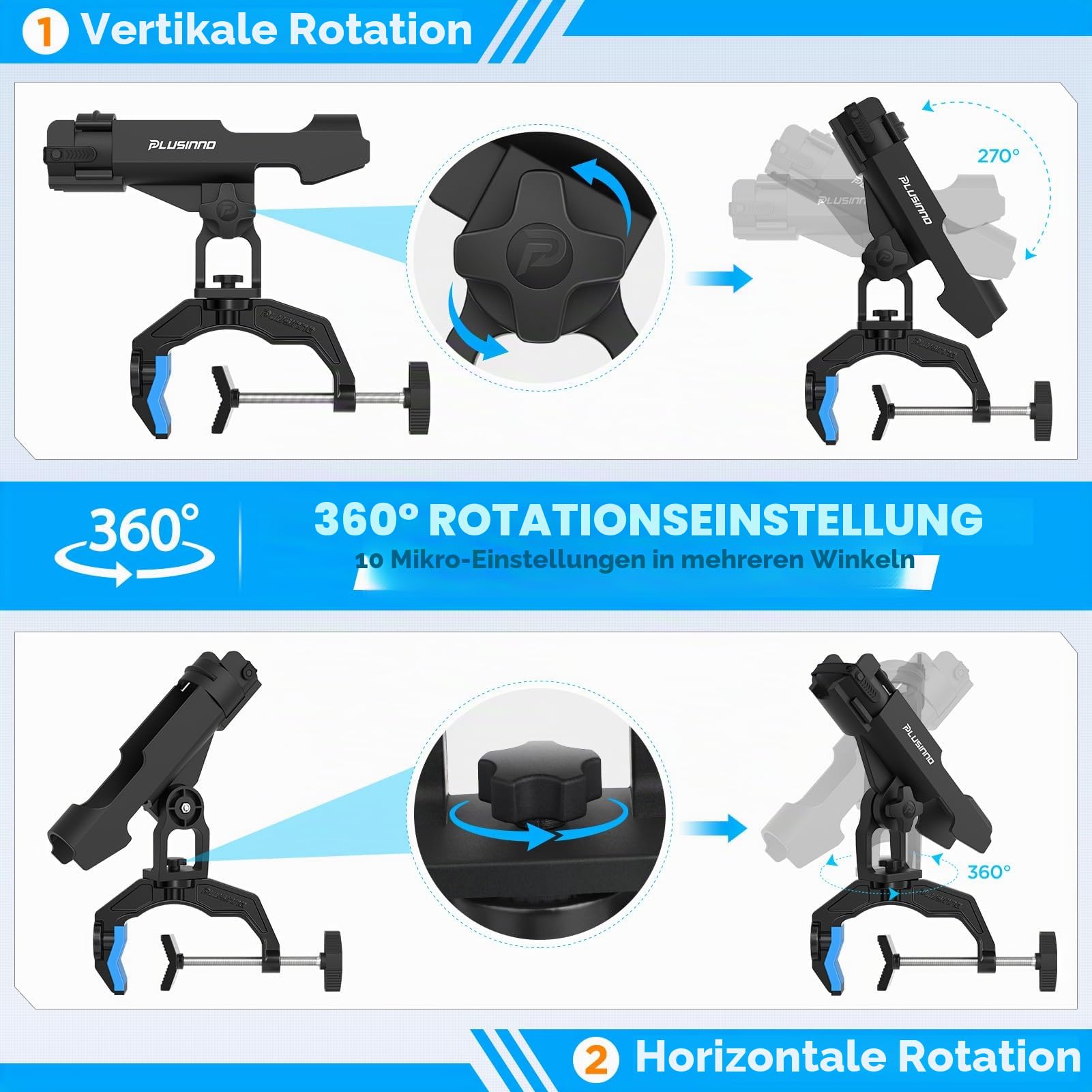 PLUSINNO Angelrutenhalter für Boote, mit vergrößerter Klemme, innovatives doppeltes V-Design, passend für runde und quadratische Bootsrohre, Angelzubehör, Angelgeschenk für Herren, 1/2/4er-Pack