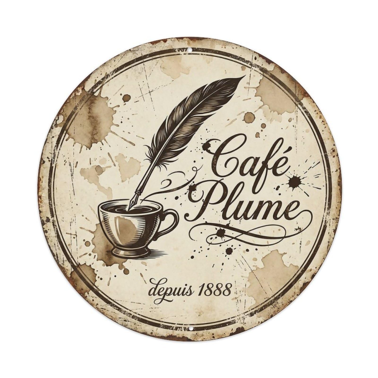 Feather Quill Bistro Cafe Metal Tin Sign Plaque Wall Decor for Cafe, Club, Garden Round Metal Poster 8x8Inch