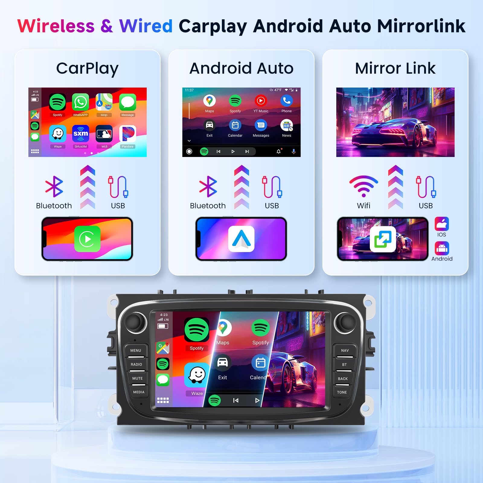 6G+128G 8-Core Autoradio per Ford Focus II mk2 Mondeo S-Max C-Max Galaxy Android Autoradio Bluetooth GPS, Hodozzy 7 Pollici Touchscreen Radio con CarPlay Wireless Android Auto, WiFi DSP FM RDS Camera