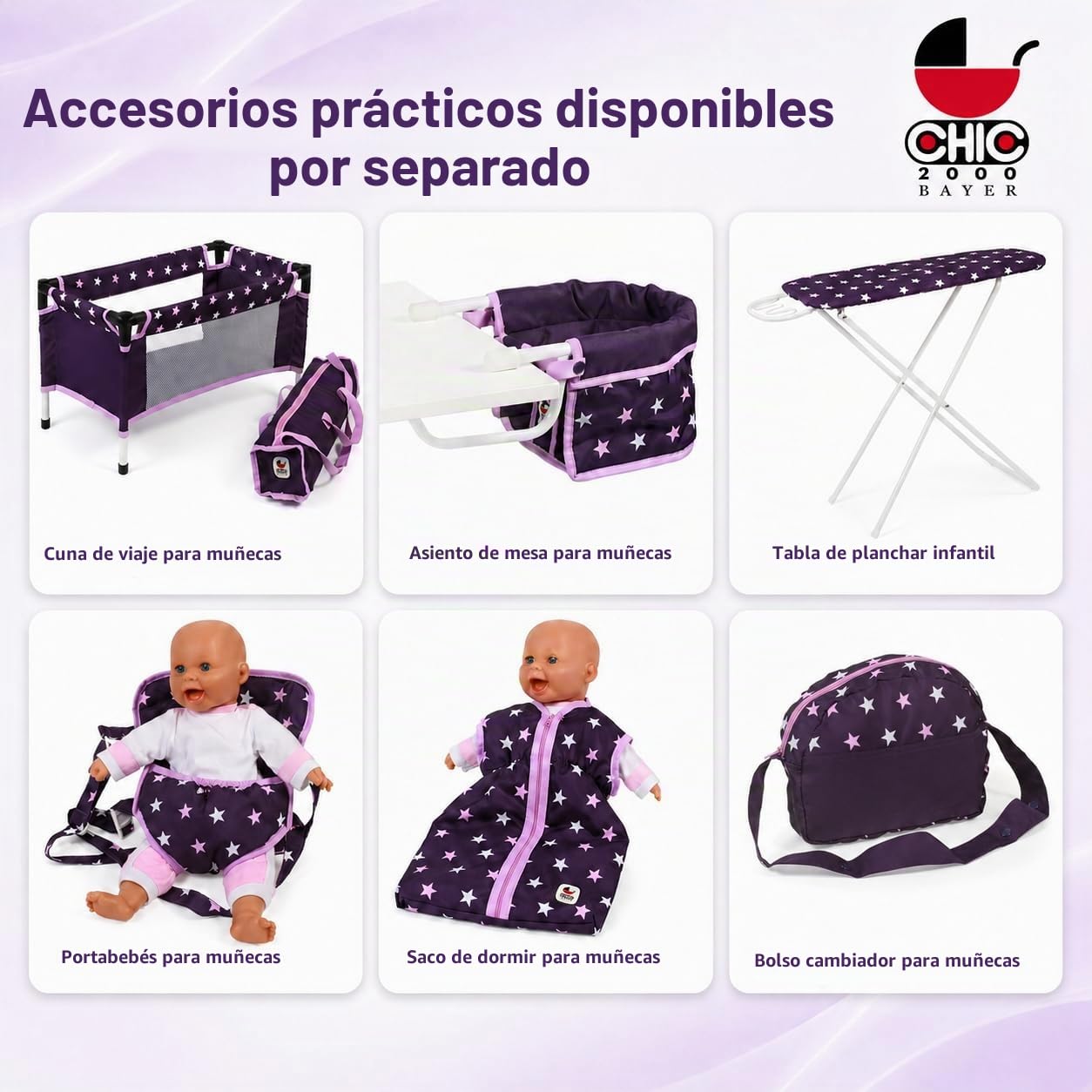 Bayer Chic 2000 595 71 Mika - Carrito para muñecas, diseño de Estrellas, Color Lila