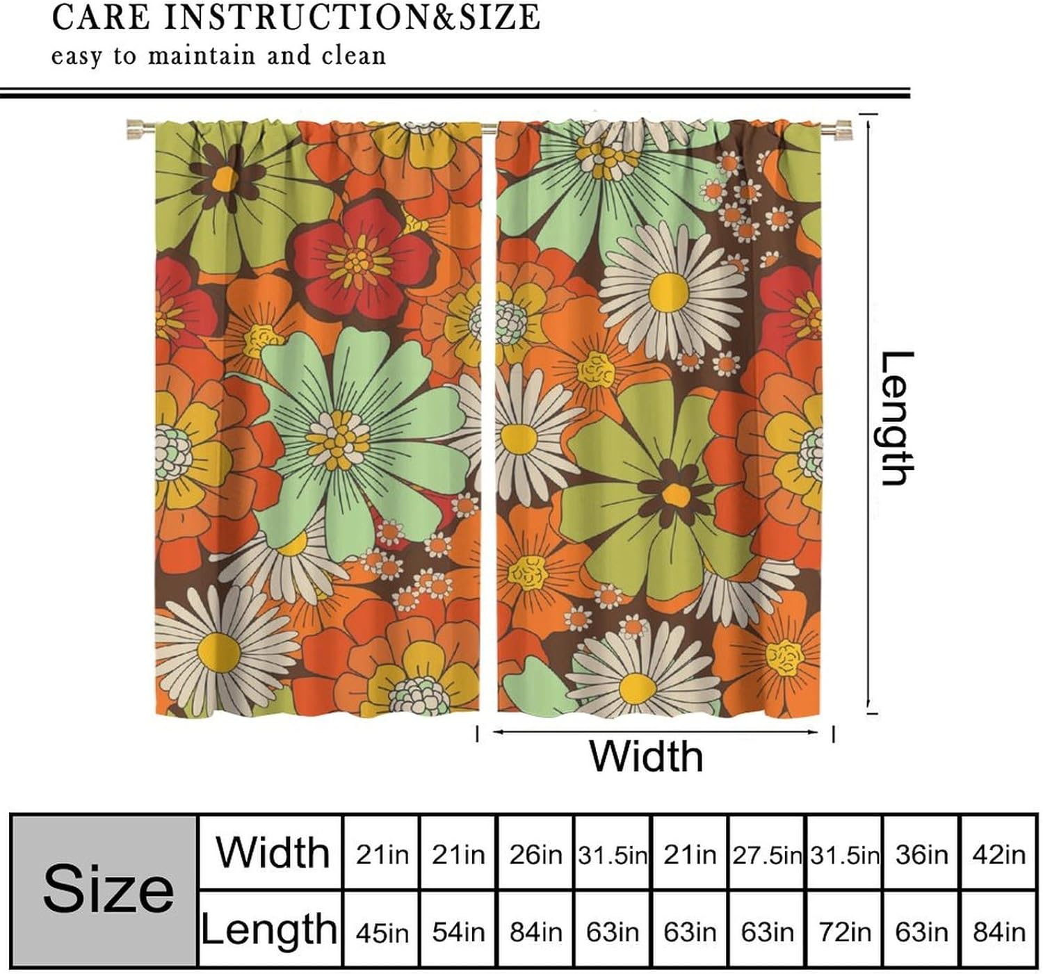 Retro Hippie Flowers Curtains for Bedroom Vintage Boho Flower Window Treatments Aesthetic 70S Groovy Blossom Farmhouse Country Drapes for Living Room Kitchen W42xL63in