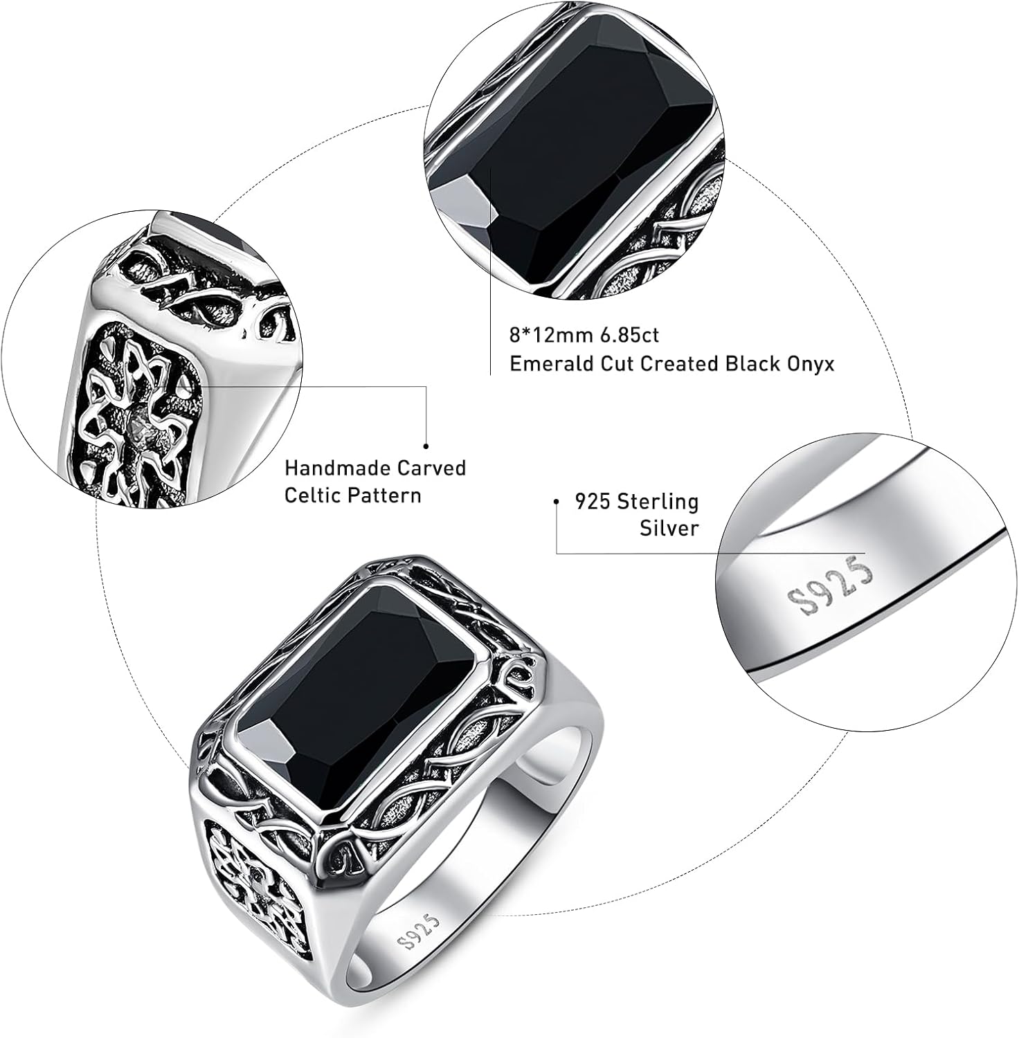 Yaresul 5CT 8X12mm Radiant Cut Teal Turquoise Ring/Created Mens Black Onyx 925 Sterling Silver Mens Ring Cocktail Rings Celtic Pattern Pinky Ring Band for Dad Father Size 7-12