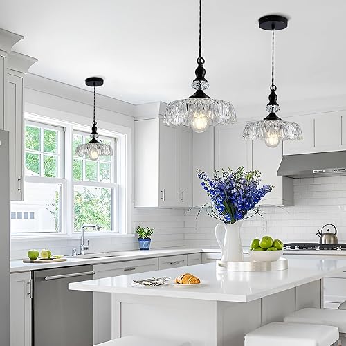 Miniatura 9 de CVKASH Vintage Glass Pendant Light Fixture Black Modern Adjustable Chandelier Hanging Light for Farmhouse Dining Room Kitchen Bedroom Hallway Island