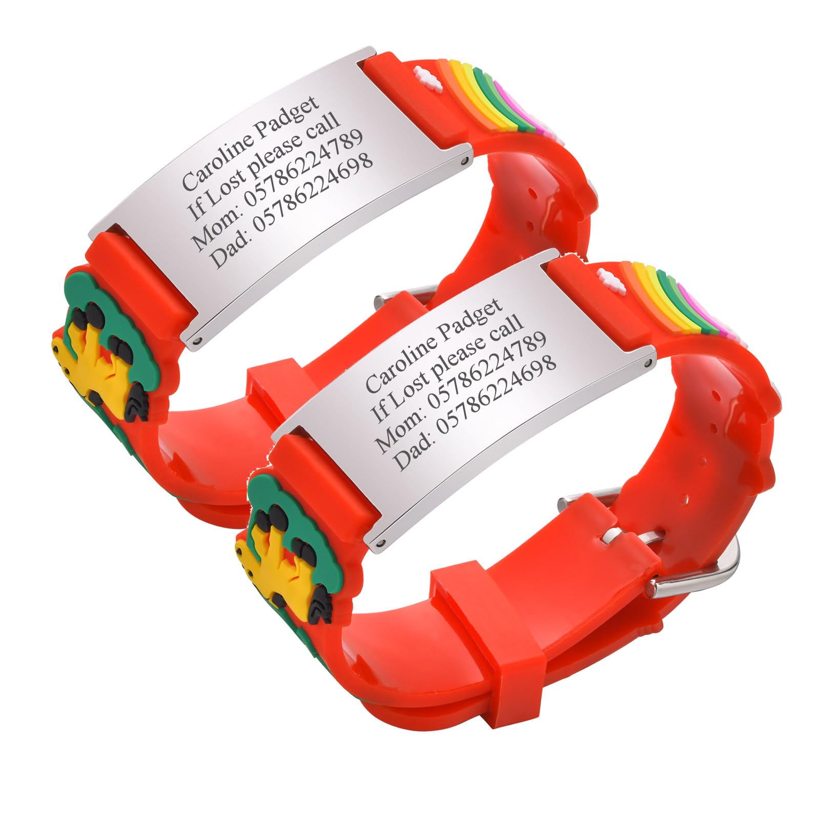 Personalised Safety ID Wristbands for Kids - Pack of 2 Customised Silver Tag & Red Cartoon Silicone Strap Wristband For Kid Girls Boys Toddler,Free Engraving Child Anti-Lost Safety ID Bracelets — image 1