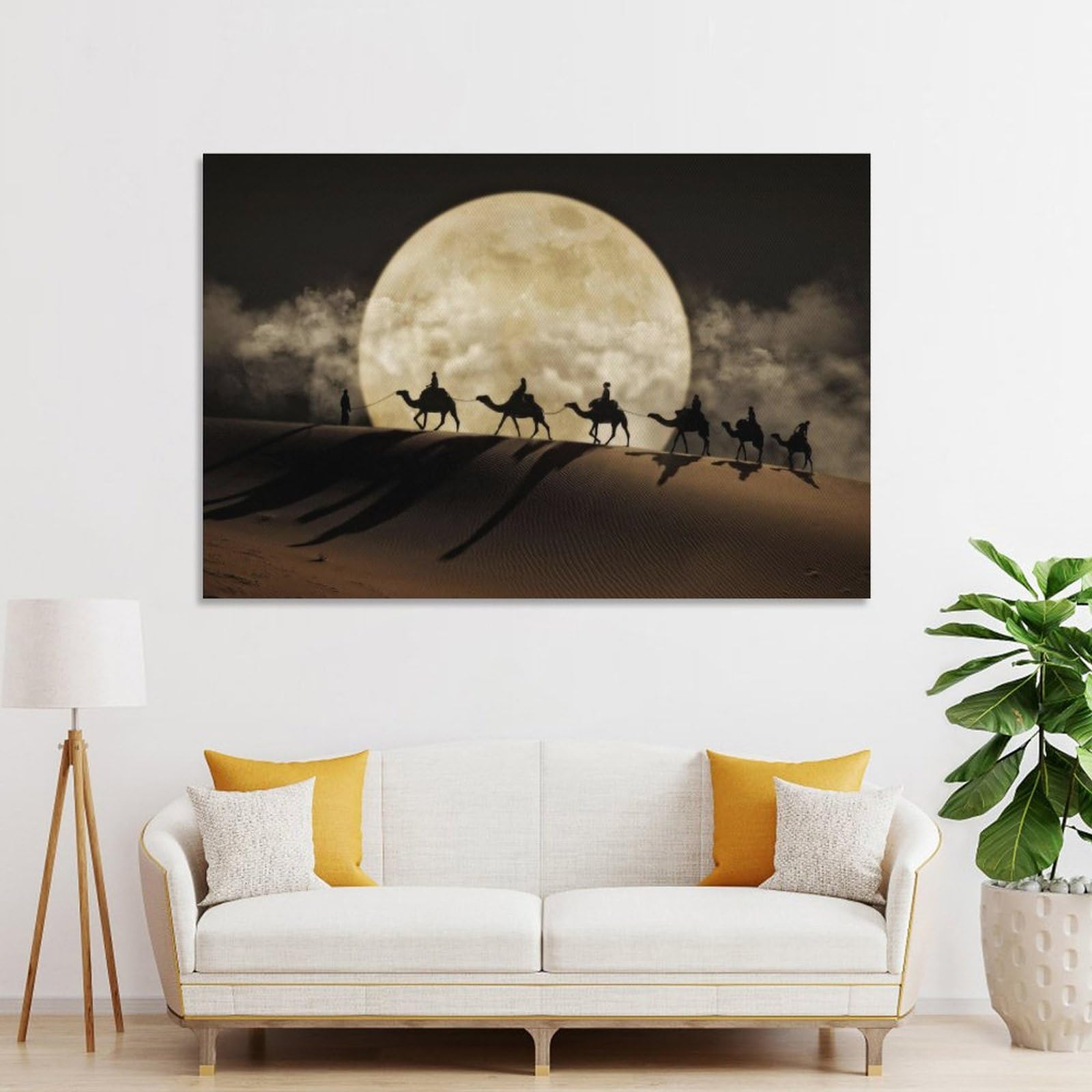 Amazon.co.jp: 砂漠のラクダの風景キャンバス絵画月の夜のシーン