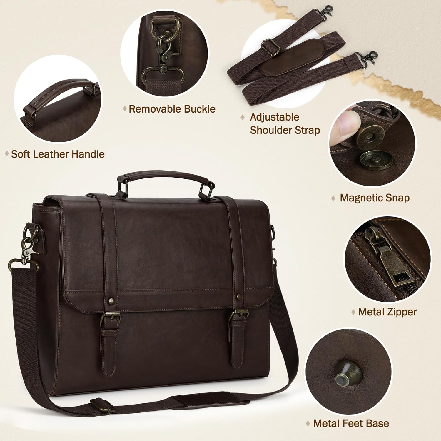 IGOLUMON Messenger Bag for Men 15.6 inch Vintage Leather Waterproof Laptop Briefcase for Men Large Computer Laptop Bag Leather Satchel Bag Retro Shoulder Bag for Office Business College, Coffee