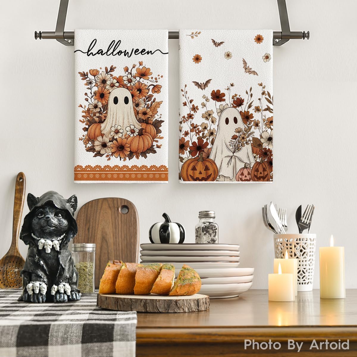 Artoid Mode Orange Ghost Moon Halloween Kitchen Towels Set of 4 18x26 Inch