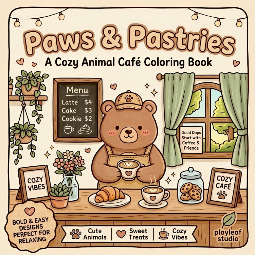 Paws & Pastries: A Cozy Animal Café Coloring Book with Cute Animals, Sweet Treats & Relaxing Pages for All Ages