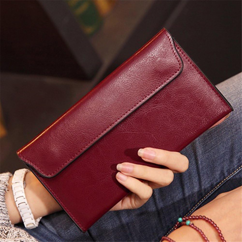 Women Long Wallet Genuine Cowhide Leather Cards Holder Clutch Purse Phone Bag (Wine Red) - Image 2