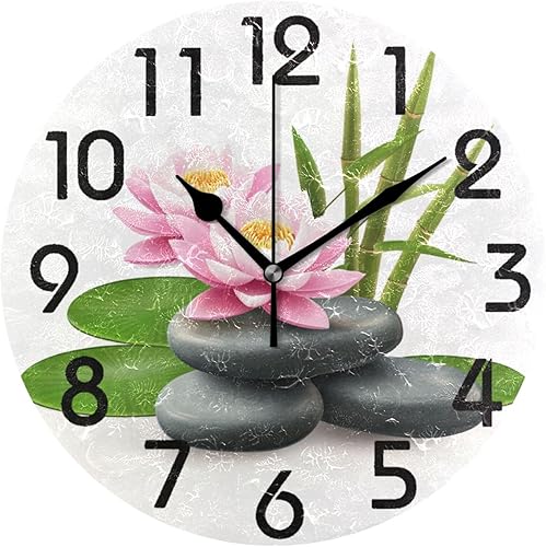 Reloj de pared redondo con piedras zen de bambú rosa de bambú de 10 pulgadas, funciona con pilas, reloj de escritorio analógico silencioso sin
