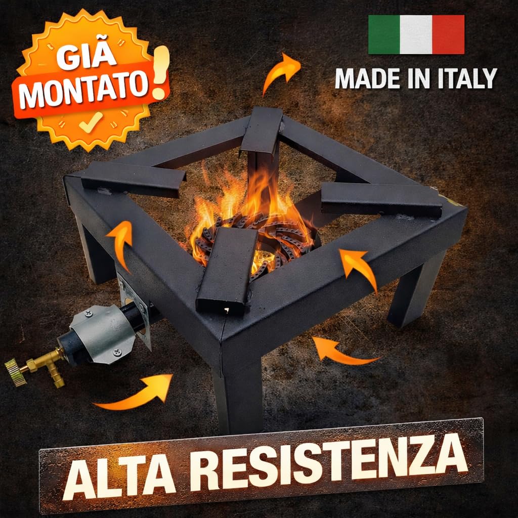 Fornello Fornellone a Gas 40x40 Professionale già Montato – Super Robusto con Bruciatore + Kit Regolatore con tubo e fascette – Made in Italy