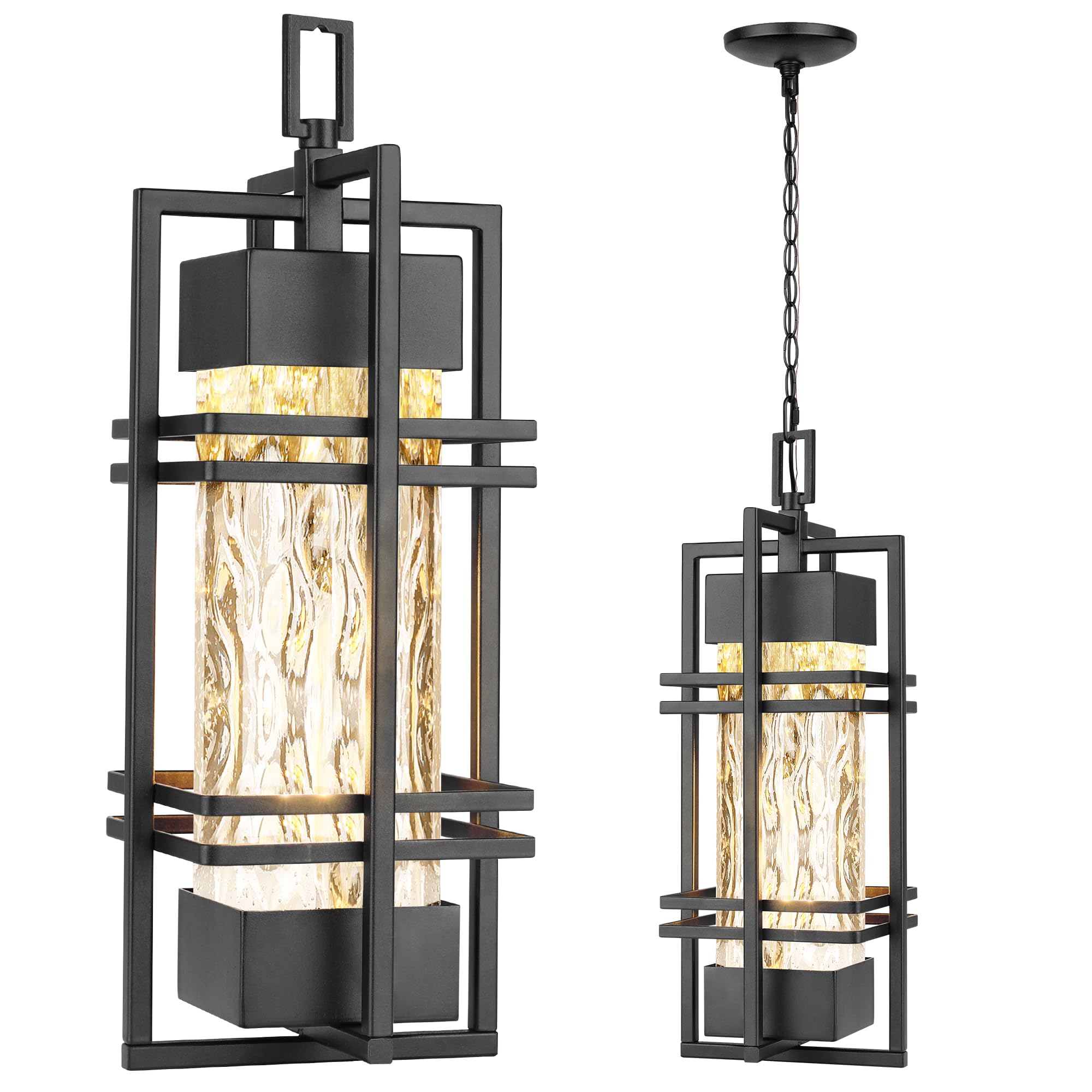 WIHTU Large Outdoor Pendant Light Fixture, Modern Hanging Lantern Ceiling Mount, Anit-Rust Waterproof Chandelier Lighting Exterior with Stone Bubble