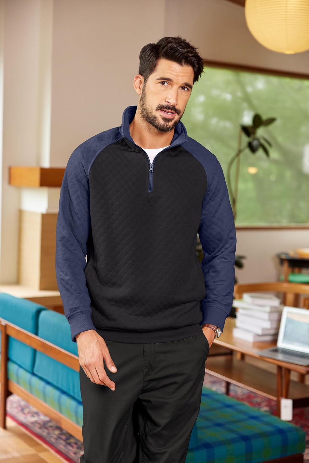 COOFANDY Mens Quarter Zip Pullover Quilted Sweatshirt Knit Long Sleeve Sweater Half Zip Polo Sweatshirts with Pocket - Image 5