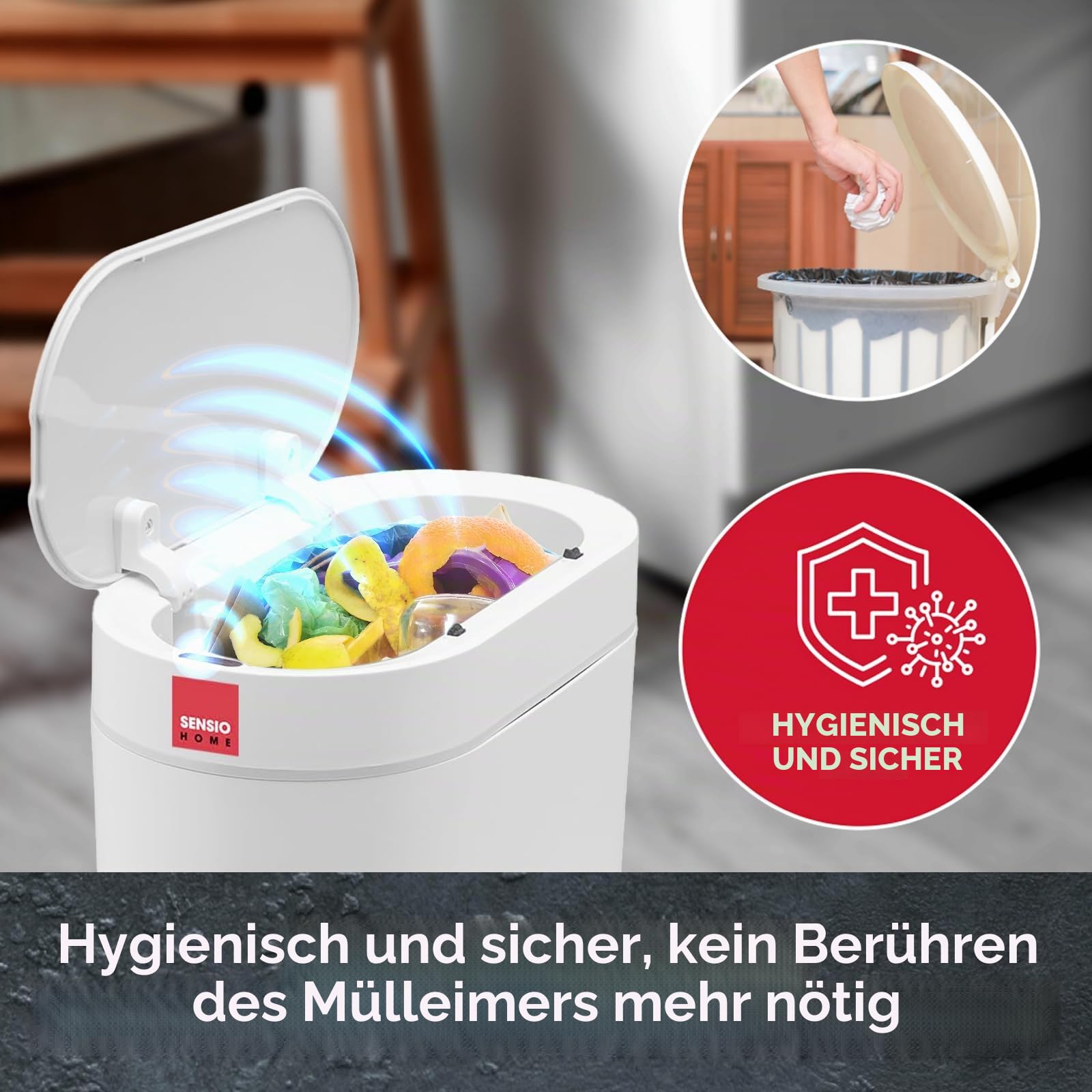 Sensio Home 5 Liter wasserdichter Mülleimer mit Bewegungsmelder, Mülleimer mit automatischem Deckel, automatischer Mülleimer für Schlafzimmer, Küche, Bad, Wohnzimmer, Büro, weiß mit grauem Rand