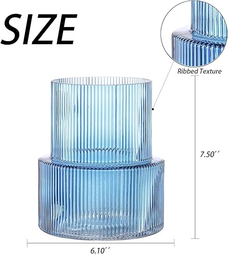 Miniatura 6 de Jarrón de vidrio azul, florero de vidrio acanalado, florero de vidrio estriado, florero para ramo, jarrón acanalado para flores, jarrón azul para