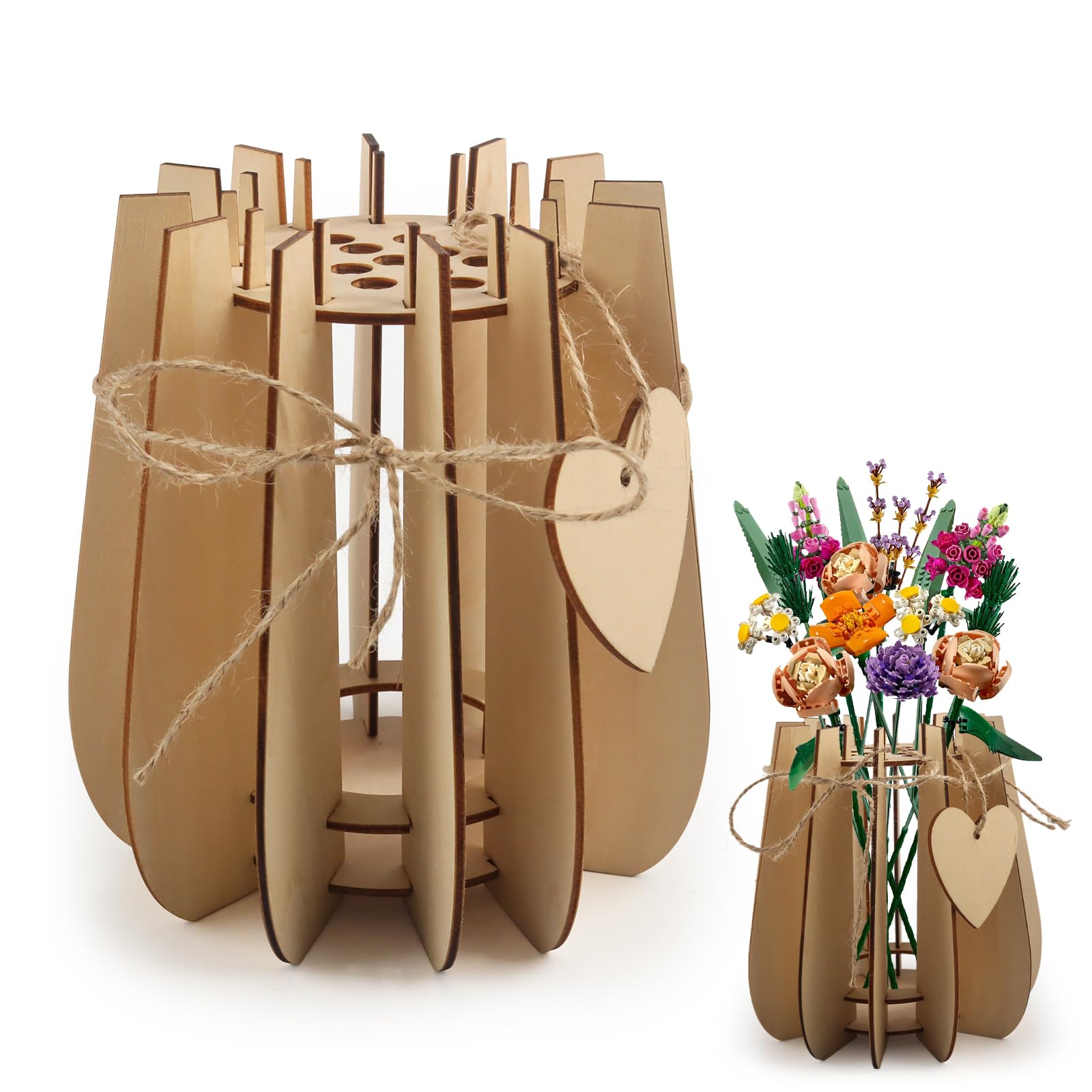 Clvsyh JarróN Puzzle De Madera, JarróN De Madera 3D con Colgante De CorazóN De Madera, Soporte De Madera para Rosas De Lego, Cerezos En Flor, Girasoles, Tulipanes, Narcisos, Lotos (B)