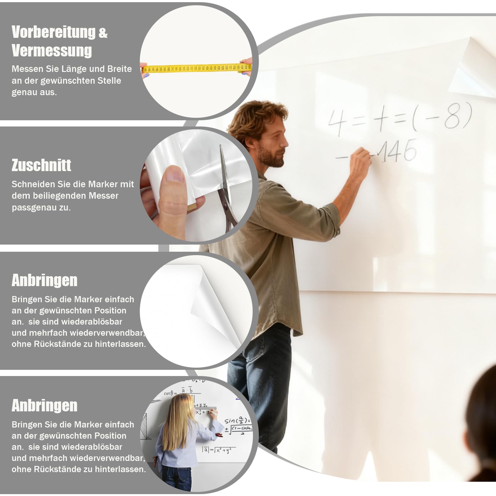 Selbstklebende Whiteboard-Folie, rückstandslos entfernbar, Wiederverwendbar,Zuschneidbar, Leicht Abwischbar, Geeignet für Wände, Schreibtische und Glas (45cm x 5m)