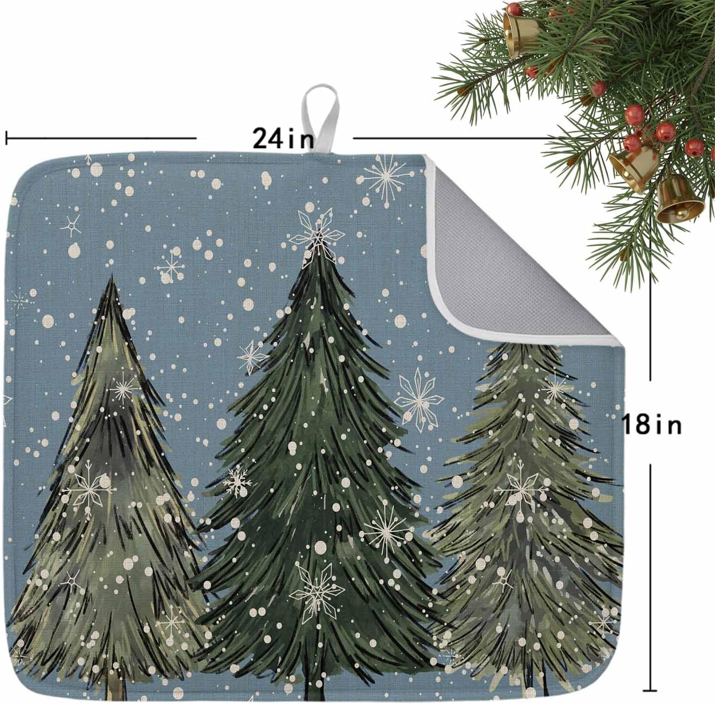 Merry Christmas Green Xmas Pine Trees Dish Drying Mats for Kitchen Counter,Absorbent Microfiber Dish Drainer Rack Mat Winter Snowflake Snow Drying Pad for Sinks,Utensils,Countertops,18x24in