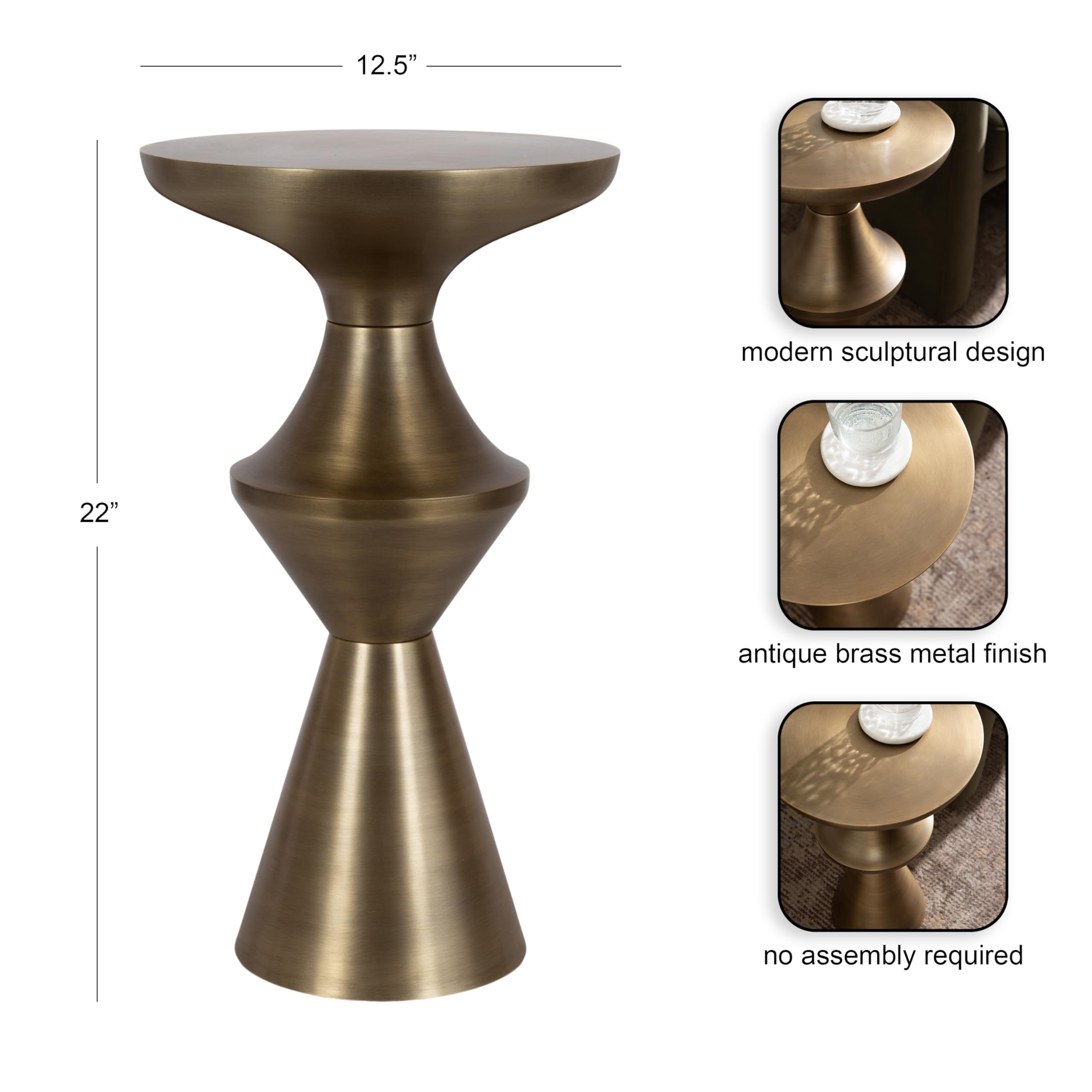 Kate and Laurel Zavalia Modern Metal Round Side Table, 13 x 13 x 22, Antique Brass, Sculptural Circle End Table for Use as Unique Bedroom Nightstand or Pedestal Martini Table