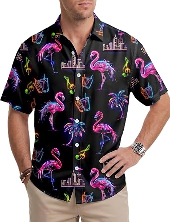 Mens Casual Coastal Button Up Shirt - Modern Tropical Print Summer Tee - Slim Fit Breathable Stretch Shirt for Beach