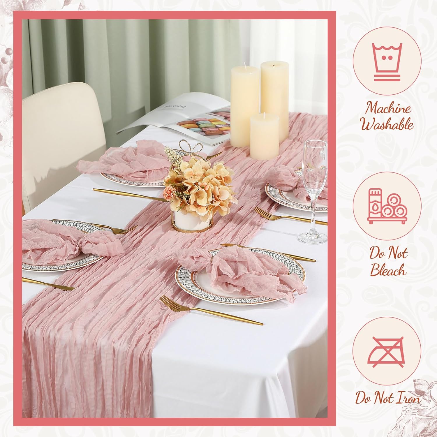 2 Cheesecloth Table Runners and 24 Napkins Set, 10Ft Boho Cheese Cloth Table Runners 20 x 20 Inch Rustic Wrinkled Gauze Napkins for Wedding Birthday Baby Shower Party Decor (Dusty Pink)