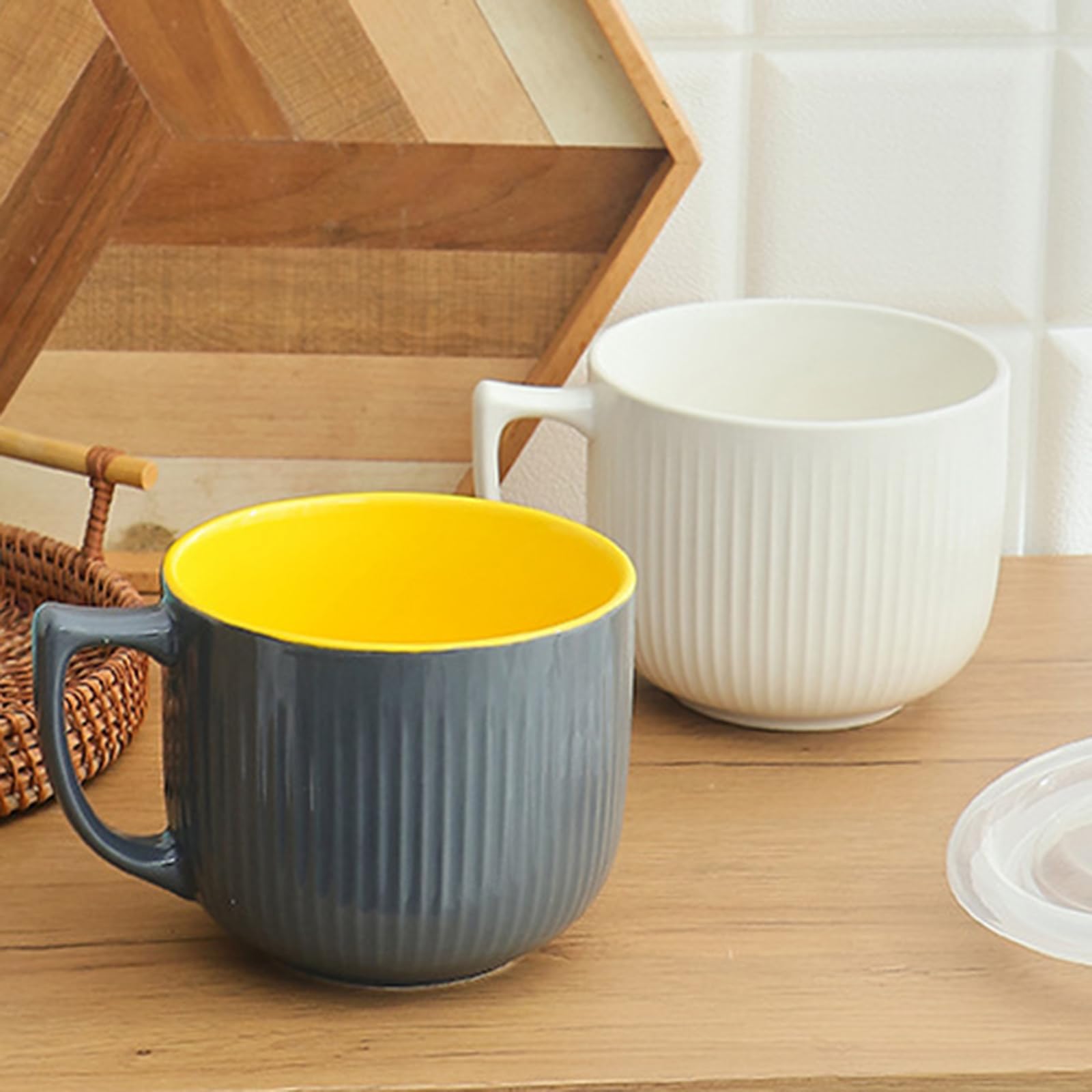 Cuenco de sopa con asa, cuenco de ramen de 900 ml con tapa, cuenco de cerámica para cereales y fideos, para microondas, ensalada, desayuno, color blanco