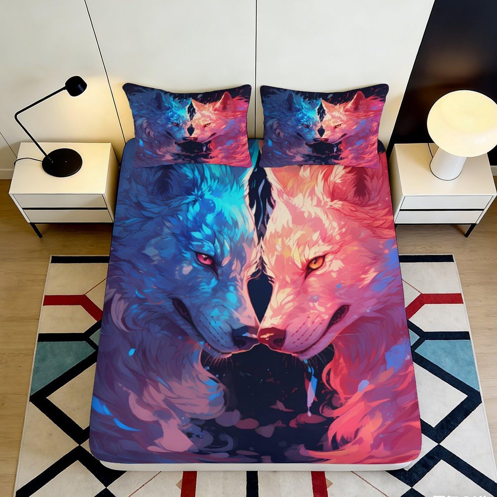 3D Printed Colorful Wolf Fitted Sheet Microfiber Deep Pocket Bedroom Bedding Full Wrap Colorful Wolf Mattress Fitted Cover Washable 200x200x25cm