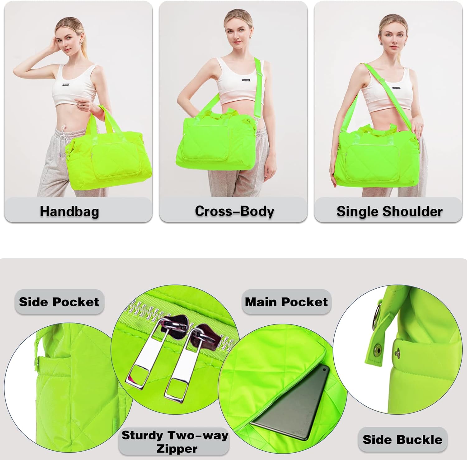 Sports Tote Gym Bag for Women, Travel Duffel Bag, Shoulder Weekender Overnight Bag for Women Girls Travel, Gym, Yoga (Fluorescent Green) - Image 6