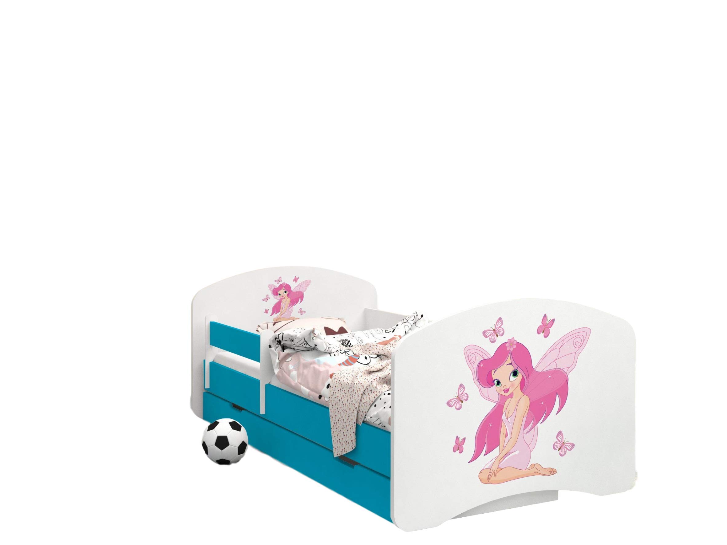 HappyBabies - Dwustronne łóżko dziecięce z szufladą, nowoczesne wzornictwo, z bezpiecznymi krawędziami i zabezpieczeniem przed upadkiem, materac piankowy 7 cm, niebieski (księżniczka z motylami, 140 x