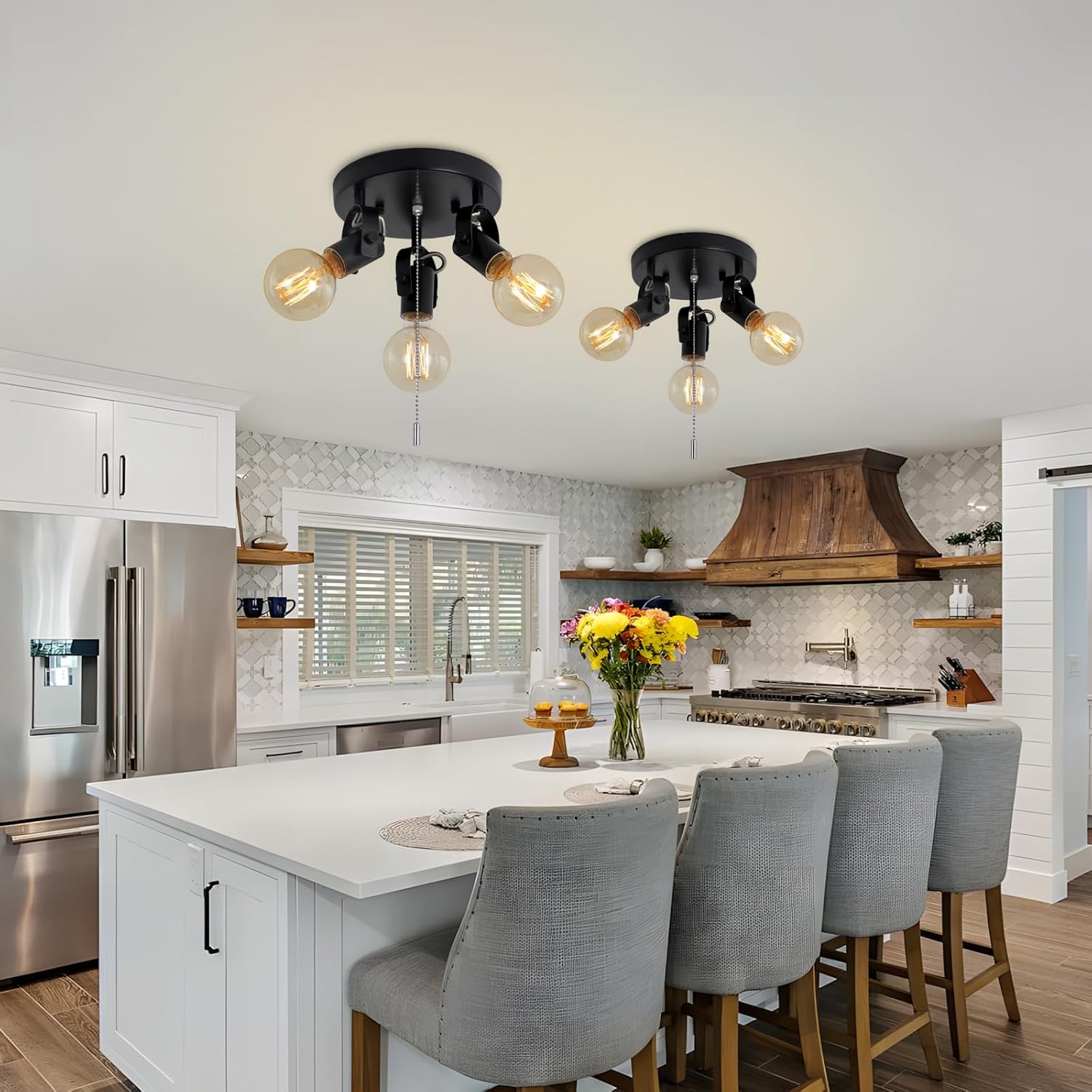 SEEBLEN 3 Light Flush Mount Ceiling Light with Pull Chain, Industrial Kitchen Ceiling with Rotatable Light Head,Black Pull Chain Spotlight for Bedroom Hallway Kitchen Laundry