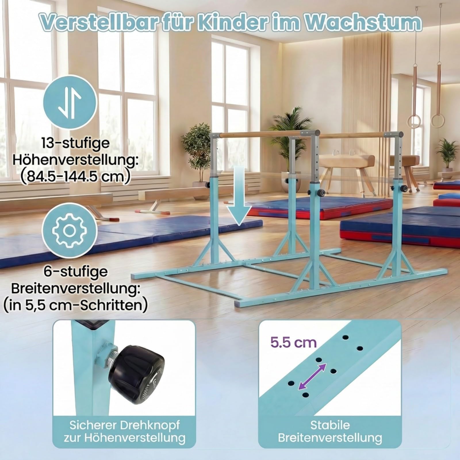 GYMAX Gymnastikstange für Kinder, Turnstange mit 13 Höhenverstellbar, Reck Turnen bis 100kg belastbar, Turnreck für Zuhause & Fitnessstudio, 251 x 144 x 84,5-144,5 cm