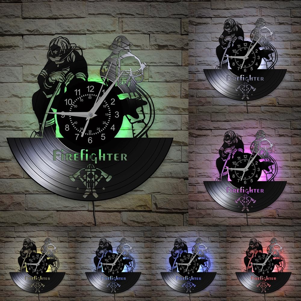 12'' Firefighter Fire Vinyl Record Wall Clock 7 Color LED Backlight, Rescue Fire Department Wall Clock Night Light Silent Non Ticking Profession Wall Watch Clock for Fireman Retirement Gifts