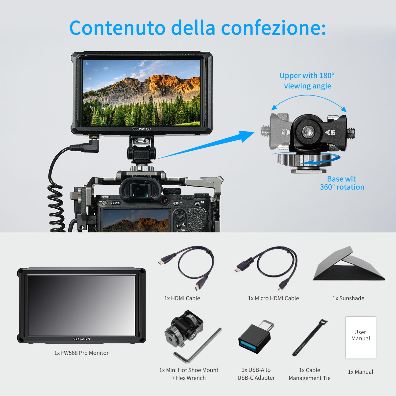 FEELWORLD FW568PRO 6 Pollici 1200 nit Monitor per Fotocamera，Monitor da Campo 4K HDMI con 3D LUT, Focus Peaking e Waveform per Fotocamere DSLR e Mirrorless, Produzione Video e Fotografia