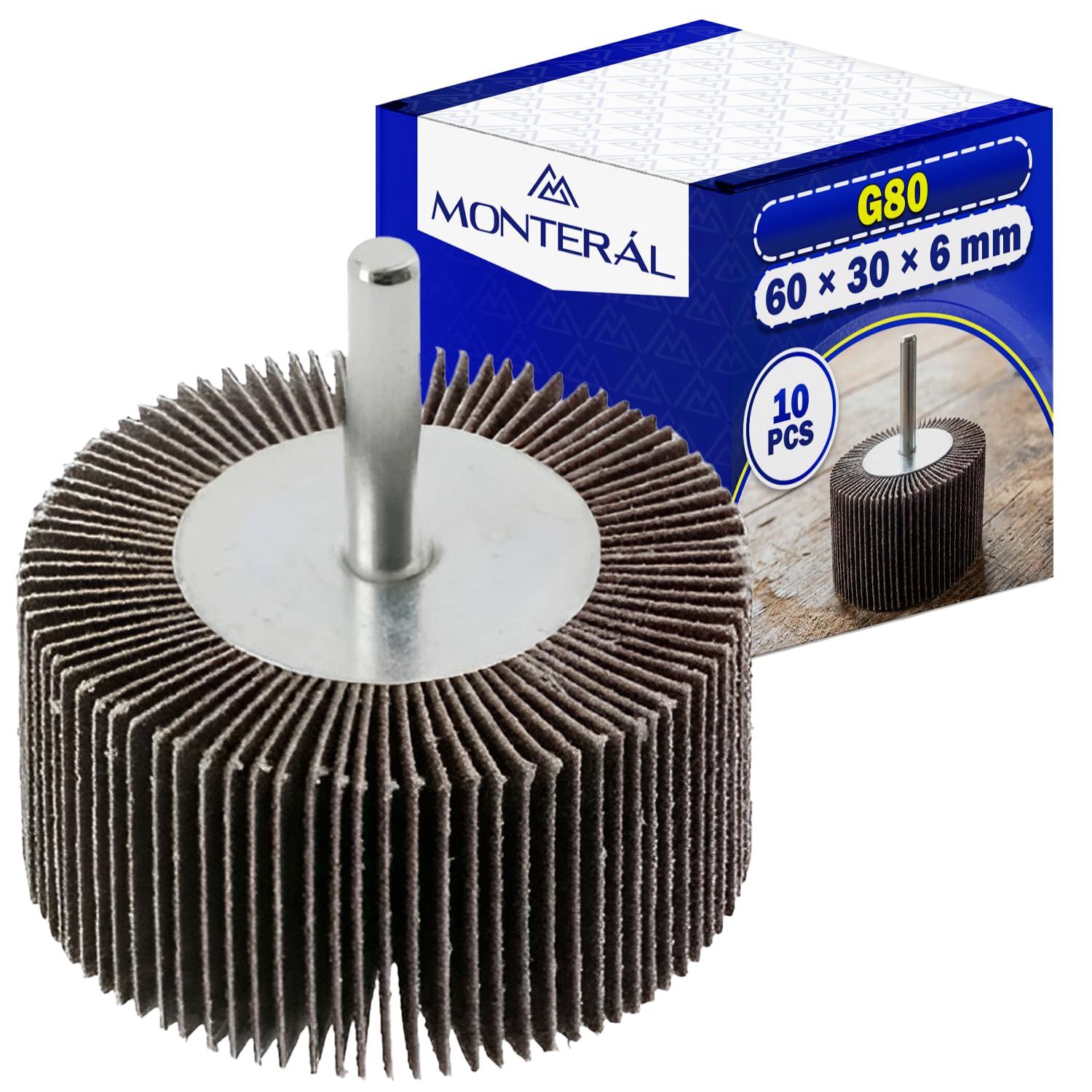 10 Piezas Lija Para Taladro y Amoladora Recta G180 Ø60 x 30 mm - Lija Taladro para Trabajar con Metal con Vástago Ø6 mm - MONTERAL