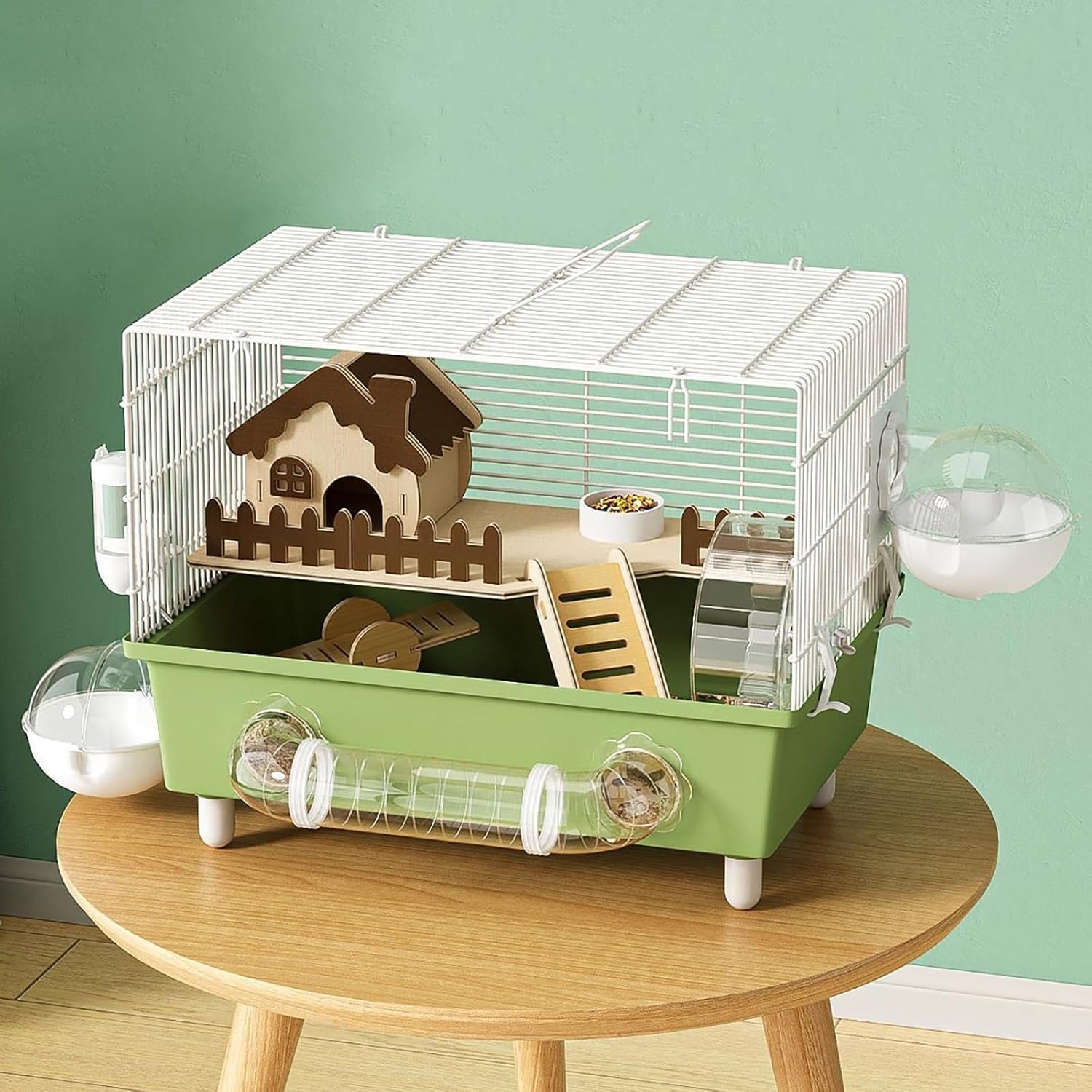 10 in 1 Hamster Cage,with Platforms, Exercise Wheel, Hide-House, Water Bottle, 2 Bathtub, Seesaw, Food Bowl,Tube System,chewproof Mouse Cage Small Animal Cage(Green White - 18.5 * 12.8 * 11.8inch)