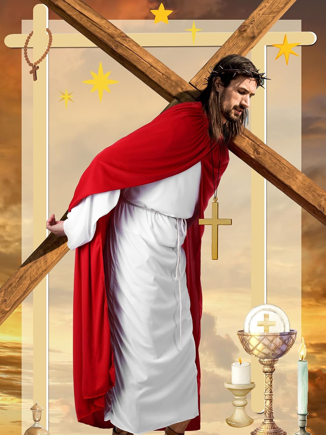 Fourluoo Jesus Costume Adult Men Religious Christ Pope Costume with Coat Cape Waist Rope Cross for Easter Halloween Cosplay
