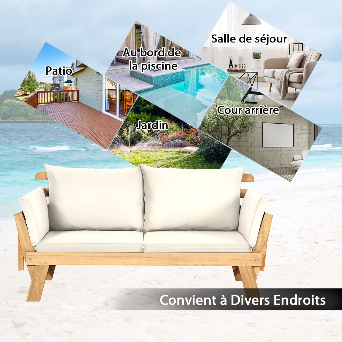 COSTWAY 3 en 1 Canapé Lit de Jardin Convertible, Canape Exterieur 2-4 Places en Bois d’Acacia, Charge 320 KG, Accoudoir Réglable, Coussins Amovible & Lavable, pour Salon Porche Balcon (Blanc)