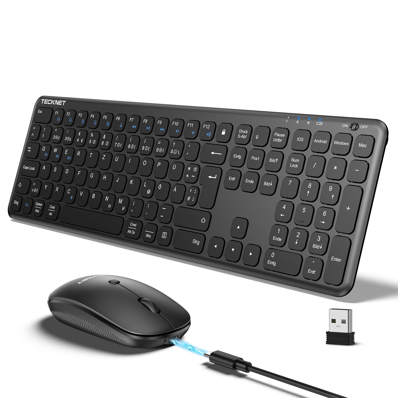 TECKNET Tastatur Maus Set Kabellos, Wiederaufladbare Ultradünne Bluetooth Tastatur mit Maus, Deutsches QWERTZ-Layout, 2.4 GHz Leise Funktastatur mit Maus für Mac, Windows, Laptop, PC (Tiefschwarz)