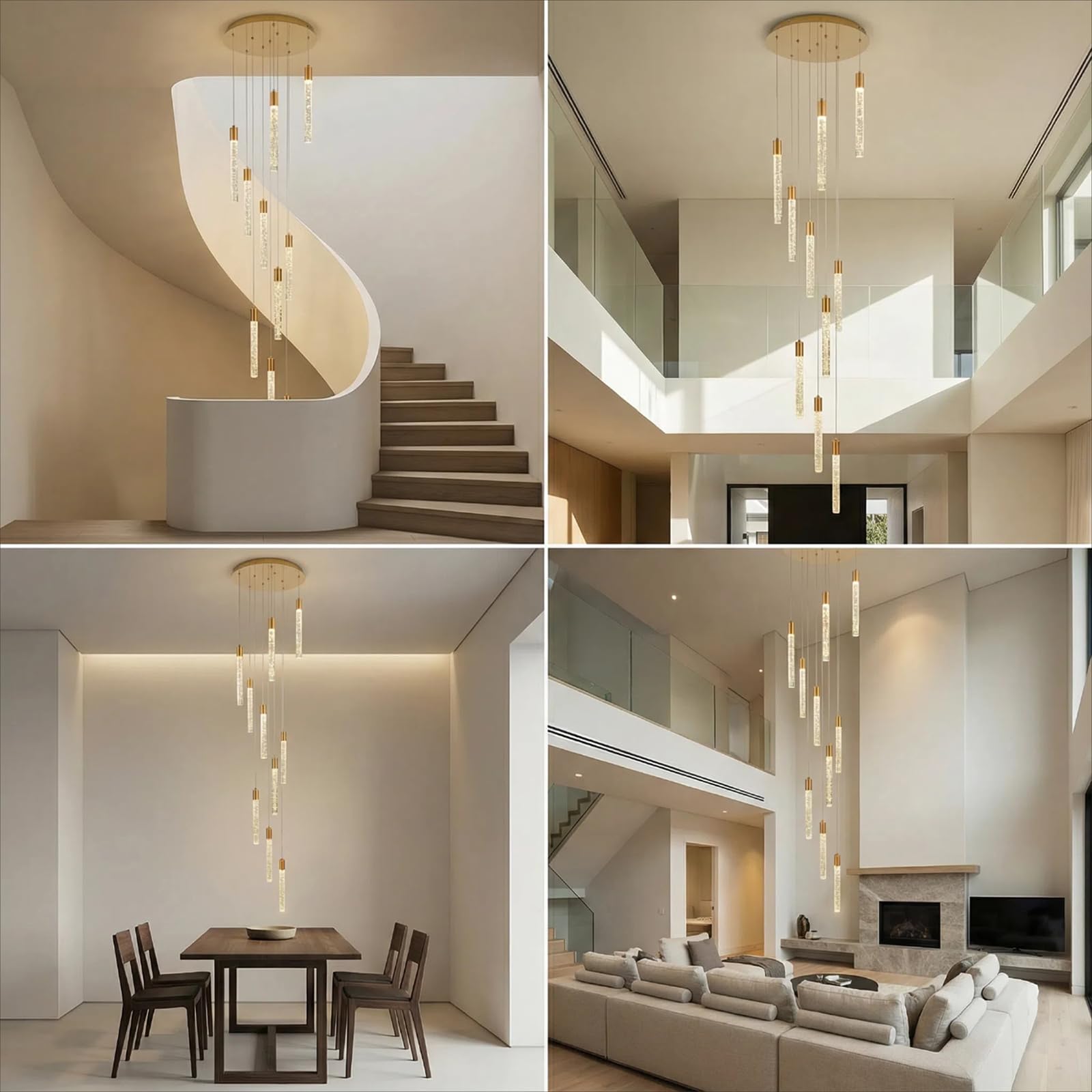 Qcyuui Gold Kristall Pendelleuchte, Dimmbare LED Treppenhauslampe | Modern-Minimalistische Deckenleuchte für Hohe Decken, Wohnzimmer und Esszimmer,Extra Groß und Höhenverstellbar