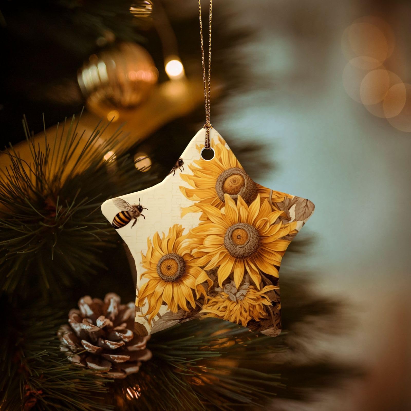 Christmas Tree Ornaments Ceramics Christmas Decorations Bees and Sunflowers Ornaments with Gold Ribbon Porcelain Xmas Tree Crafts Star Shape Hanging Pendant for Christmas Tree Party Decor