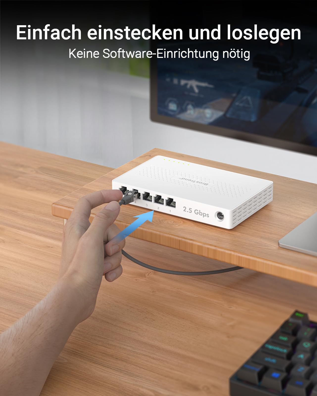 BrosTrend 5-Ports 2.5G LAN Switch, 2.5 Gbit/s Unmanaged Ethernet Netzwerk Switch für Gaming-PC NAS Server, Gigabit Switch LAN Splitter (Plug-and-Play, Lüfterlos, Desktop/Wandmontage, Lifetime-Schutz)