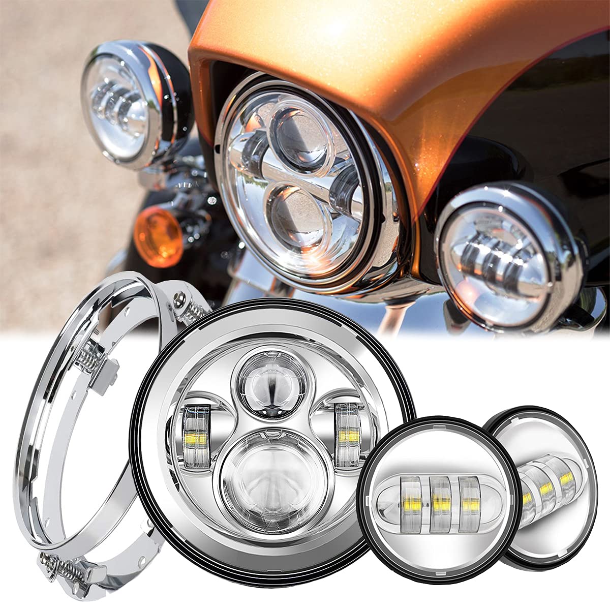 Samman 7 Inch LED Headlight with 4.5 Inch Passing Lamps Fog Lights Set and Mounting Bracket Ring Sivler Compatible with Harley Davidson Road King Road Glide Street Glide Electra Glide Ultra …