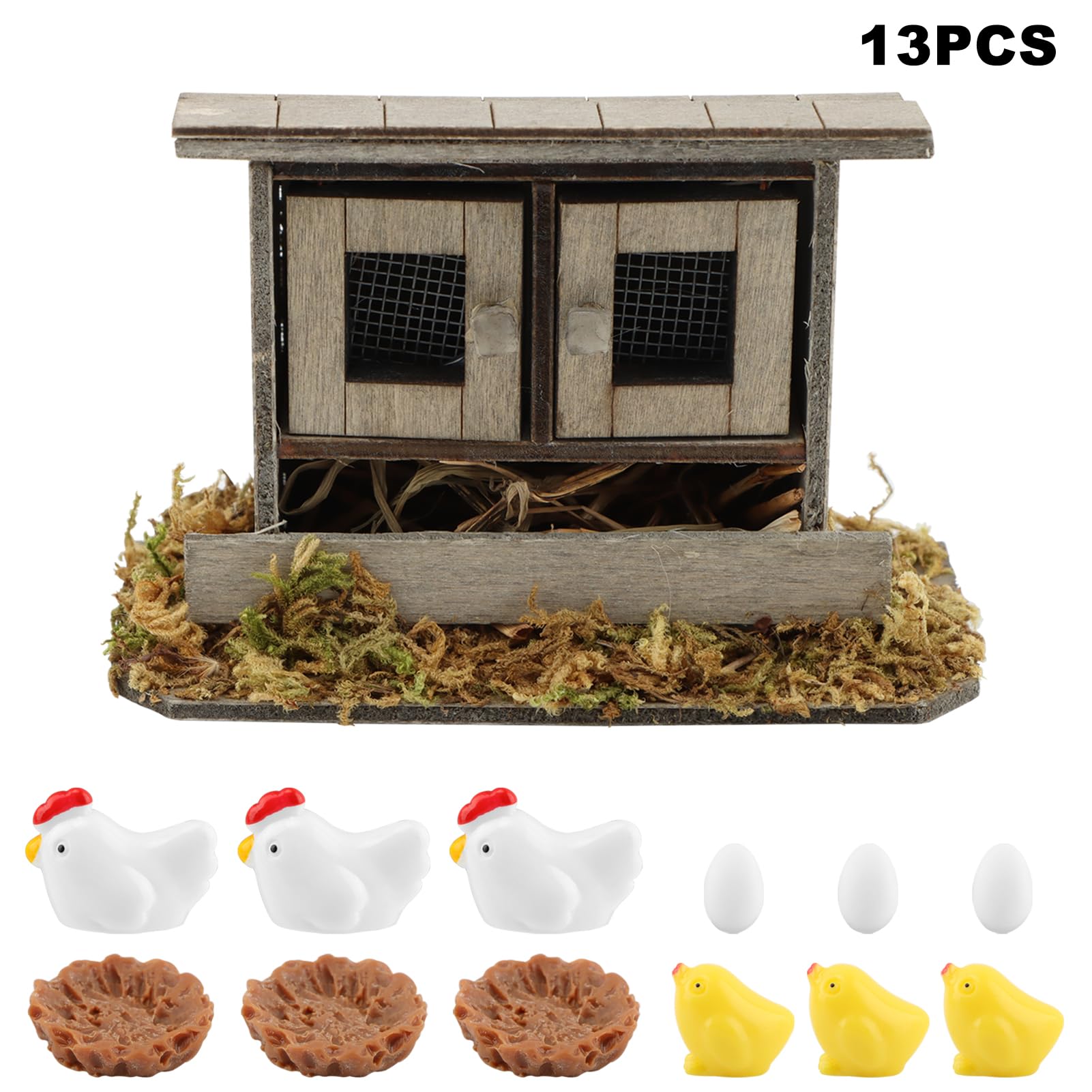 Set di pollai in miniatura, 13 pezzi, in legno, con galline, pulcini, uova e nidi, decorazione per giardini fatati, mini paesaggi fai da te e decorazioni per la casa
