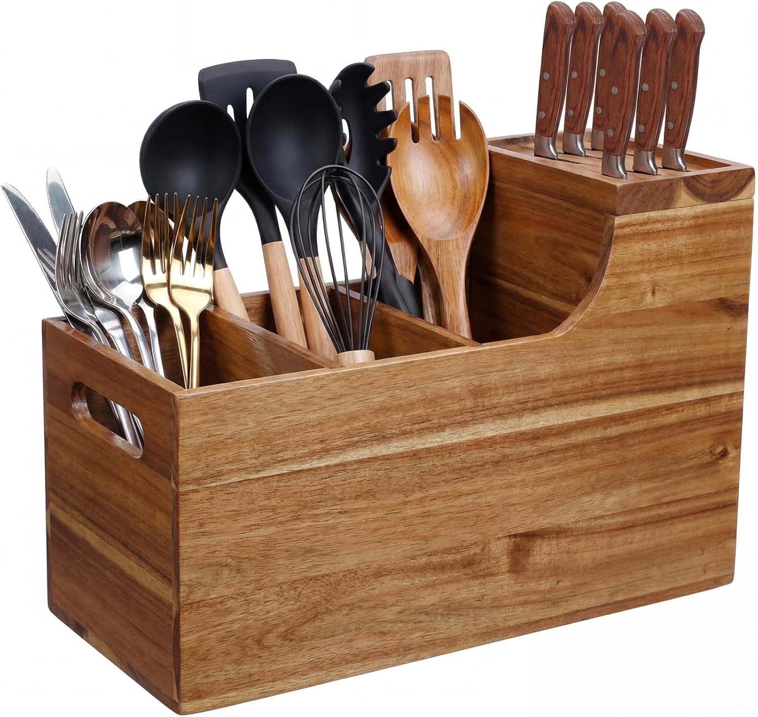 Acacia Wood Utensil Holder with Knife Block Acacia Kitchen Utensil Knife Holder Organizer Solid Wood Wall-mountable Storage Cooking and Silverware Rustic Wooden Organizer Container