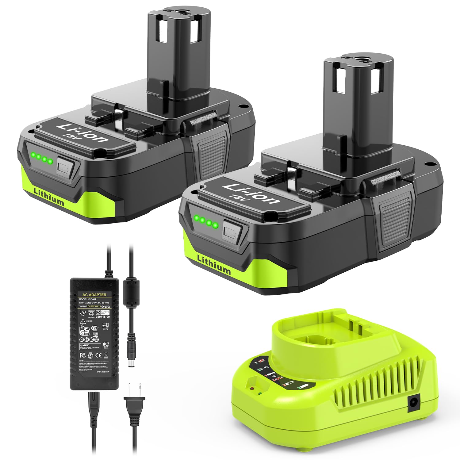 2Packs 3.0Ah Battery Replacement for Ryobi 18V Battery and Charger, Compatible with Ryobi 18V Cordless Power Tools