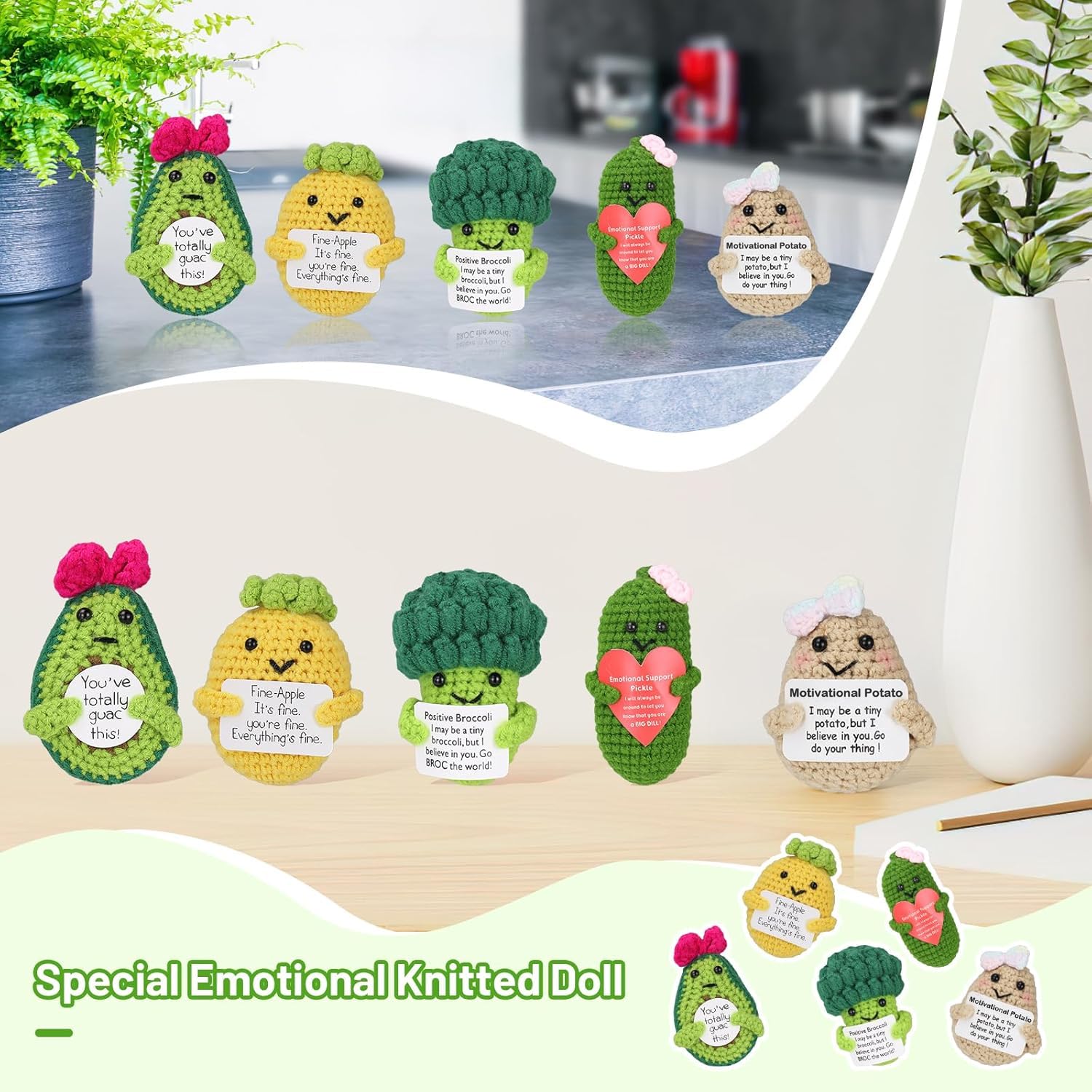 10 Pcs Handmade Positive Crochet Dolls Set, Encouragement Support Fruit & Vegetable Figures with Uplifting Cards - Image 3